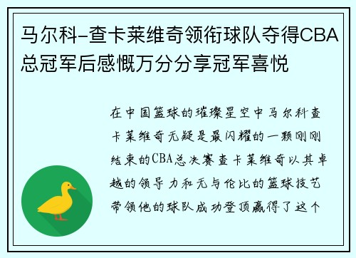 马尔科-查卡莱维奇领衔球队夺得CBA总冠军后感慨万分分享冠军喜悦